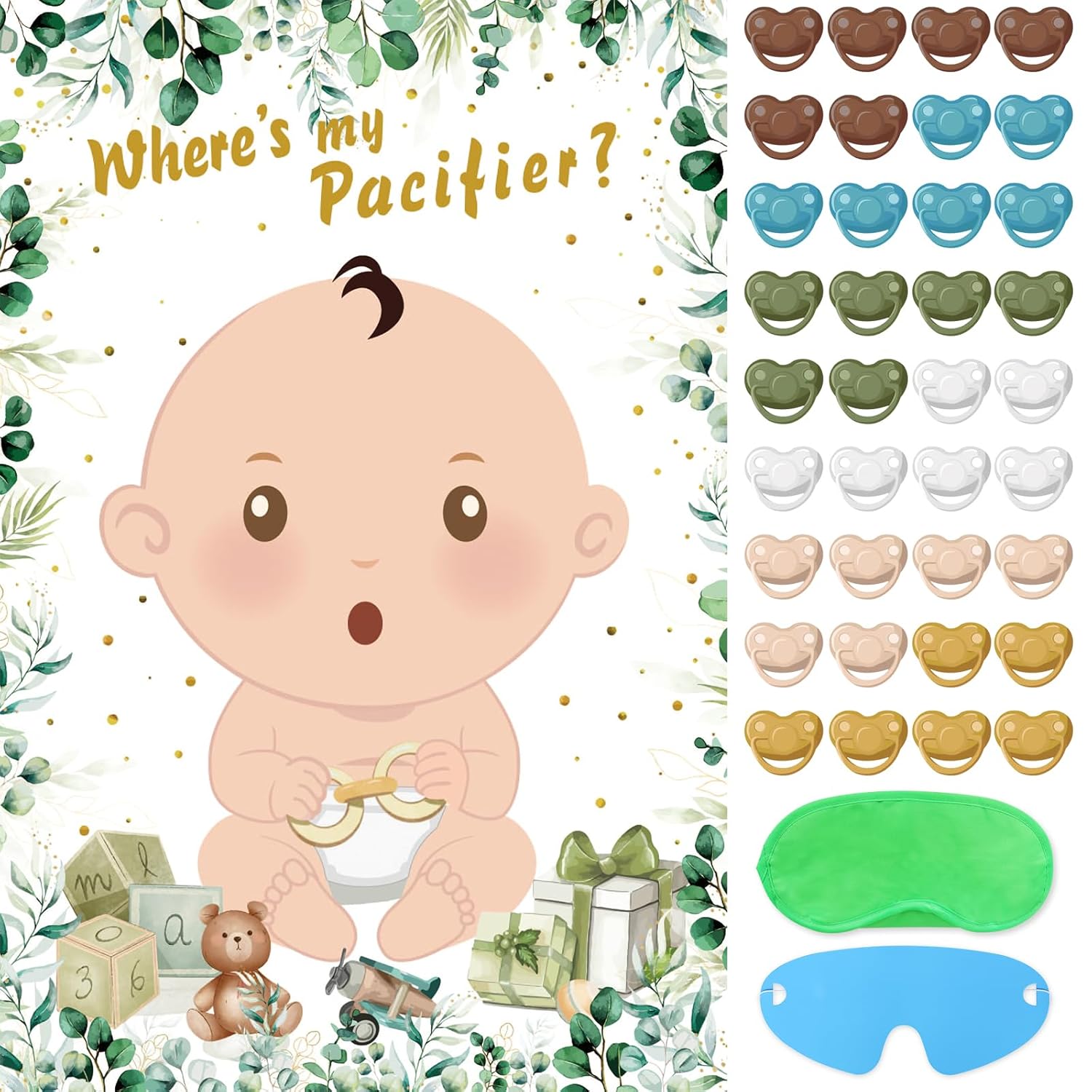 Baby Shower Games Pin The Pacifier On The Baby Game With 36 Pacifier Stickers, Large Green Baby Poster Games For Baby Shower Party Kids Birthday Party Supplies