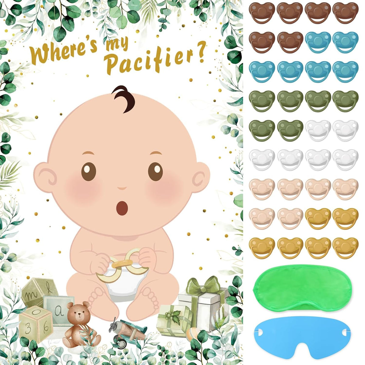 Baby Shower Games Pin The Pacifier On The Baby Game With 36 Pacifier Stickers, Large Green Baby Poster Games For Baby Shower Party Kids Birthday Party Supplies