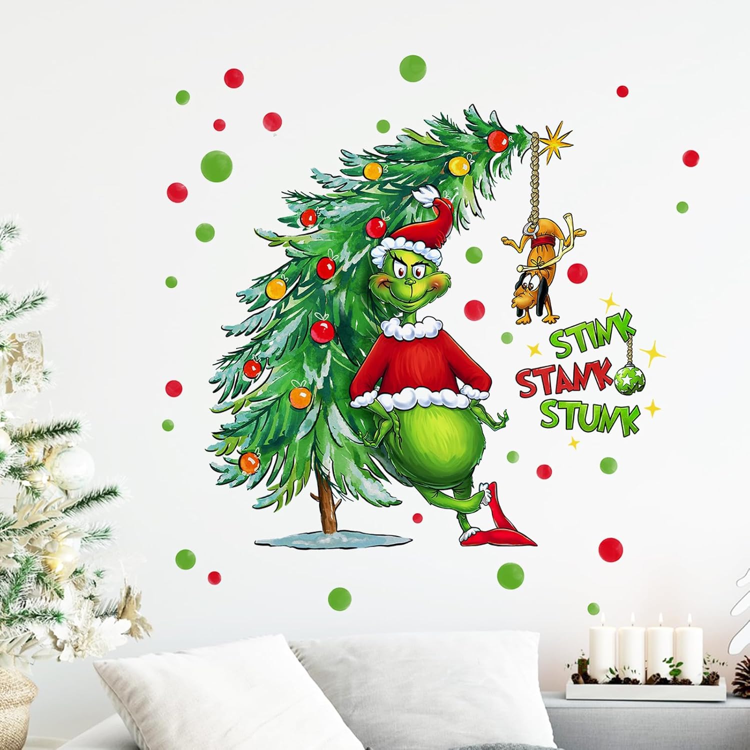 Merry Christmas Wall Decals Stickers, Xmas Tree Max Dog 2026 New Year Bedroom Decor Home Kitchen Decorations, Winter Holiday Red Green Polka Dots Farmhouse Living Room Art Kids Boys Girls Gift