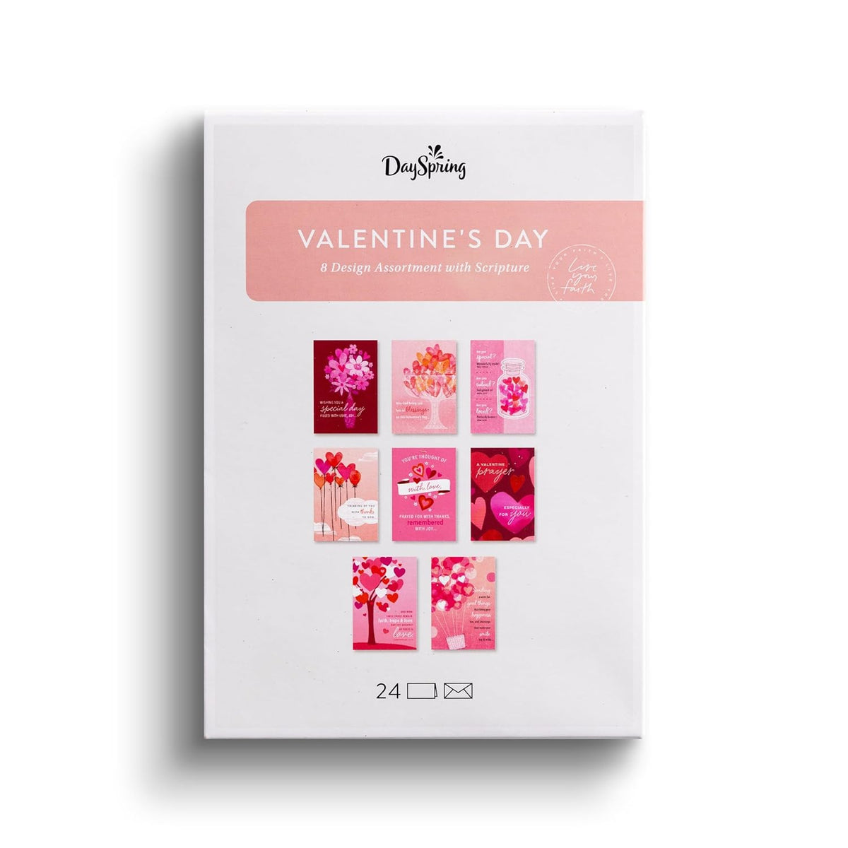 DaySpring - Valentine's Day Assortment - Hearts with Love - 8 Design Assortment with Scripture - 24 Boxed Valentine Cards & Envelopes (J7583)