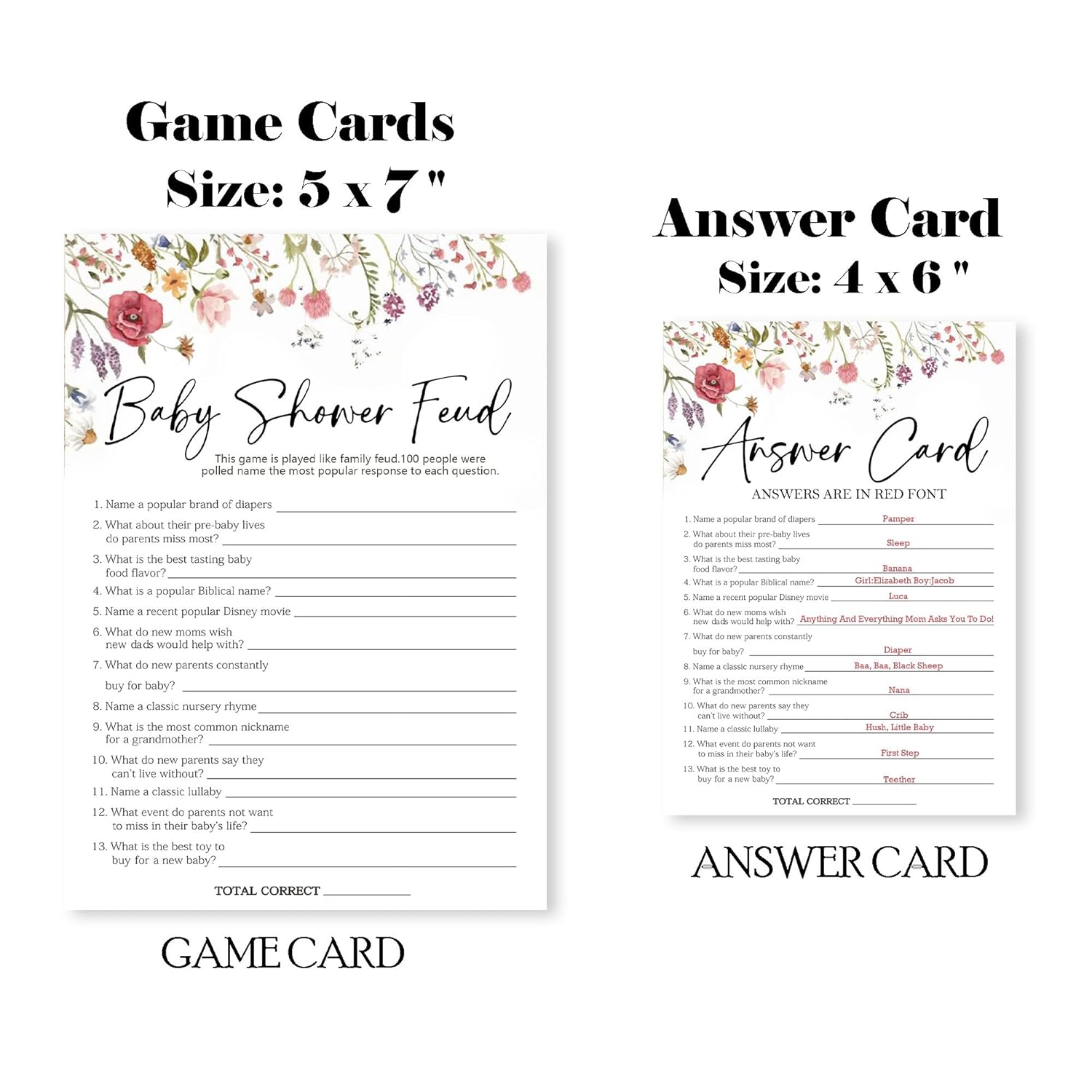 Floral Fill In Baby Shower Game Cards - Baby Shower Feud Game For Boys & Girls - Watercolor Flowers Baby Announcement Gender Reveal Baby Shower Party Activities For New Parents To Be - B10
