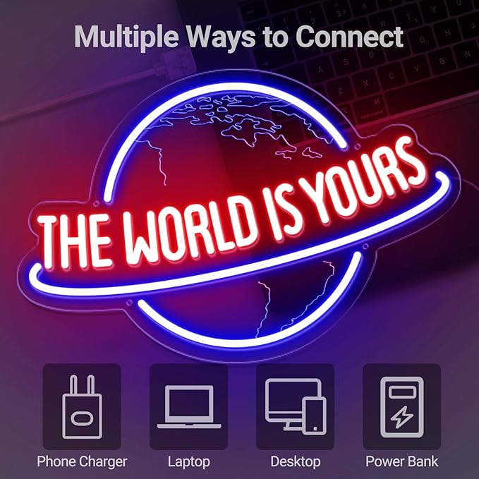 The World Is Yours Neon Sign Dimmable Planet LED Wall Light USB Powered for Man Cave Bar Game Room Decor