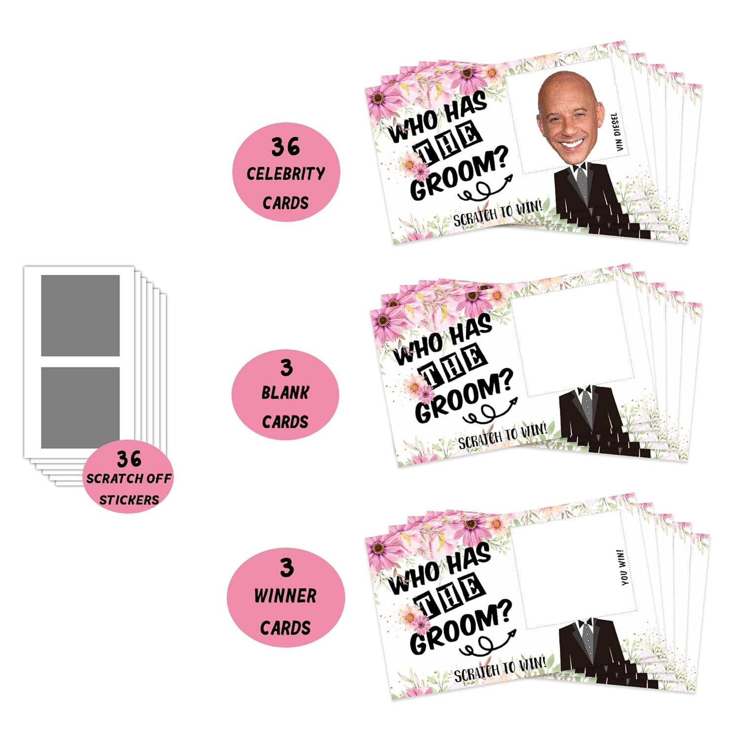 Bridal Shower Games - Who Has The Groom Scratch Off Cards - Floral Scratch Off Cards & Stickers - Bachelorette Party Game - Girls Night Out Activity - Bride Shower Supplies Decorations - 36 Pcs(D03)