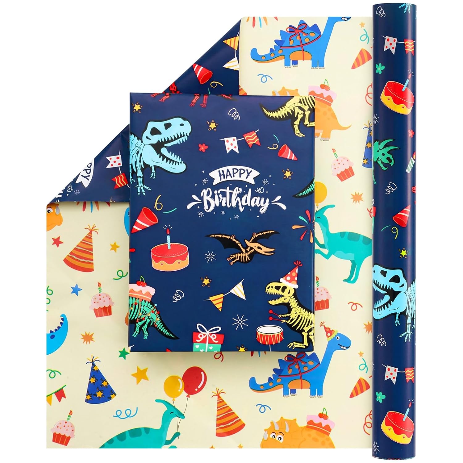 Dinosaur Birthday Wrapping Paper - 1 Roll 17” X 33 Ft Dinosaur Gift Wrapping Paper Blue Yellow Reversible Design For Boy Birthday Celebration Party Gift Packing Supply Baby Shower Wrap Paper