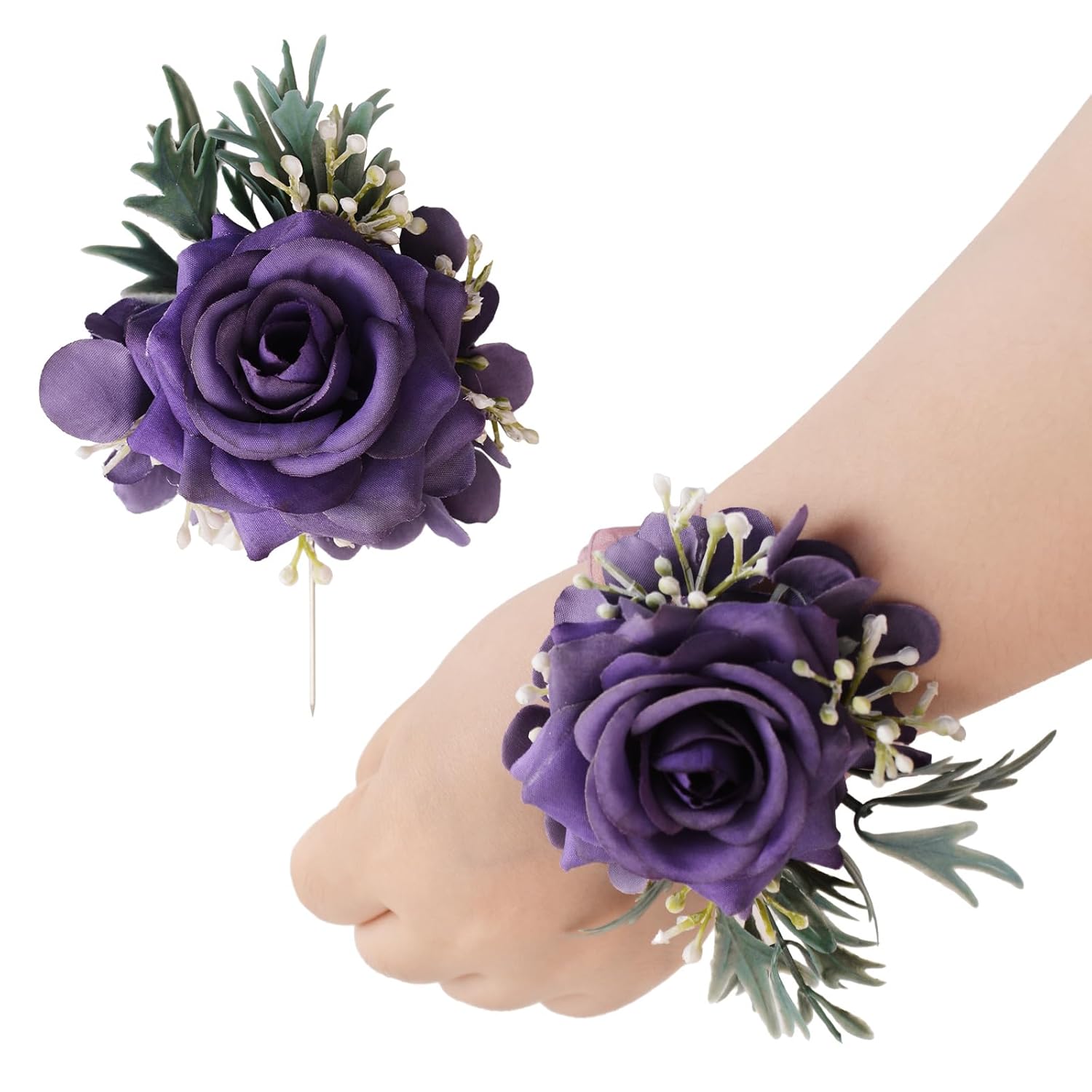 Wrist Corsage And Boutonniere Set, Artificial Purple Rose Hand Flower For Prom Wedding Wrist Corsage Wrist Flower For Graduation Party