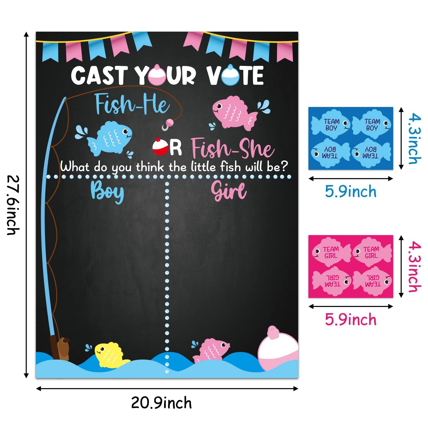 Fishing Theme Gender Prediction Game Kit - Baby Shower Voting Poster With Adhesive Fish Cutouts Decor Supplies For Guests, Kids & Adults