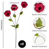 24 Blooms Artificial Poppy Flowers, 8Pcs Long Stem Red Faux Poppies, 27.5"/70Cm Silk Poppy Flowers With Stems,Red Poppies For Memorial Day Wedding Home Decor Office Party Centerpieces