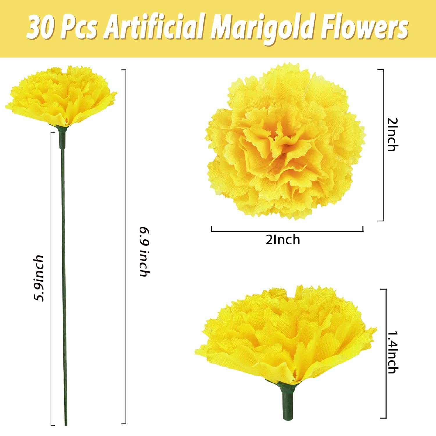 30 Pcs Artificial Marigold Flowers,2" Silk Marigold Flower Heads With Stems,Yellow Flowers Artificial For Diwali Decor,Indian Wedding,Home,Diy Wreath Garland,Day Of The Dead Decorations