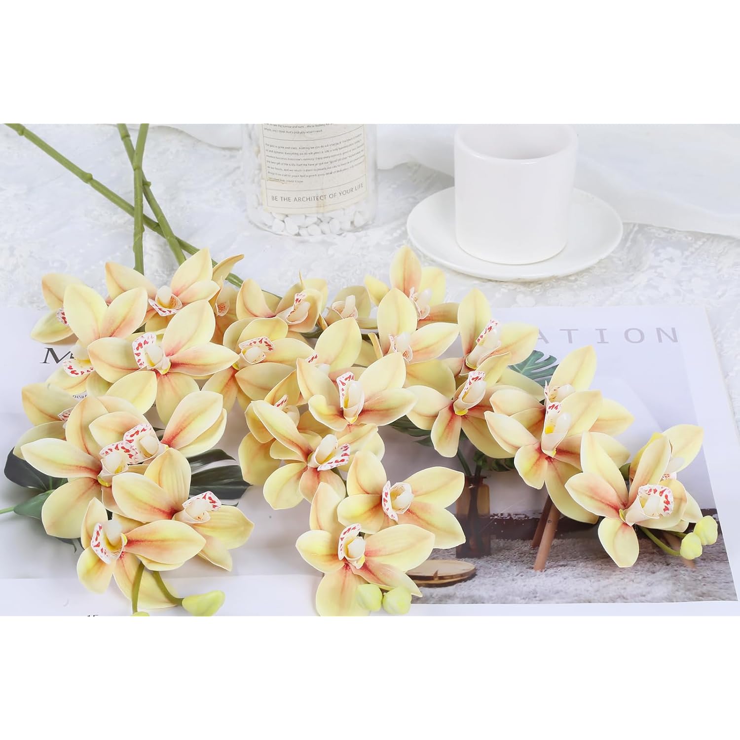 5 Pcs Real Touch Faux Orchid Champagne Orchid Artificial Flowers With Long Stem For Wedding Party Centerpiece Bridal Bouquet Diy Home Living Room Decoration