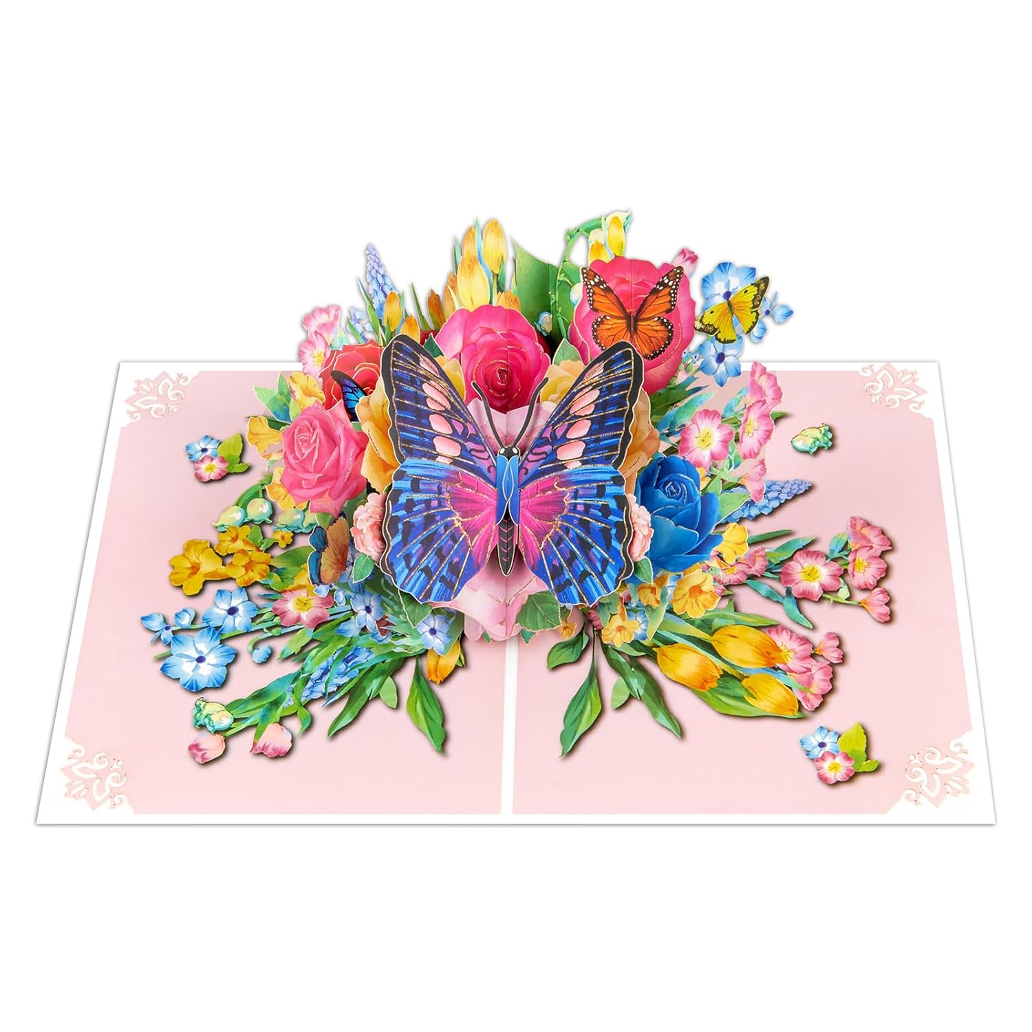 Butterfly And Pink Gold Roses Bush Pop Up Paper Flower Bouquet Greeting Card With Blank Note & Envelope, Ideal Gift For Celebrating Love, Birthday, Anniversary, Valentine'S Day