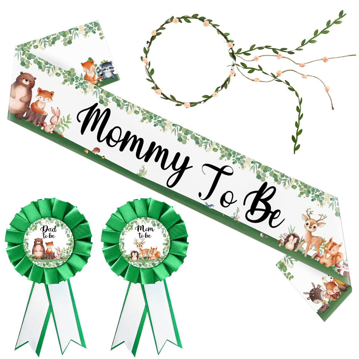 Mom To Be Sash For Baby Shower, Mommy To Be Sash With Mom And Dad To Be Pins And Floral Crown, Woodland Animal Baby Shower Decorations For Gender Reveal Party And Mom Outfit