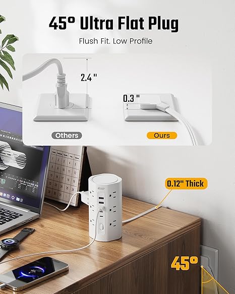 Power Strip Tower 12 Outlets 5 USB Ports 2 USB C 10FT Flat Plug Surge Protector Charging Station White