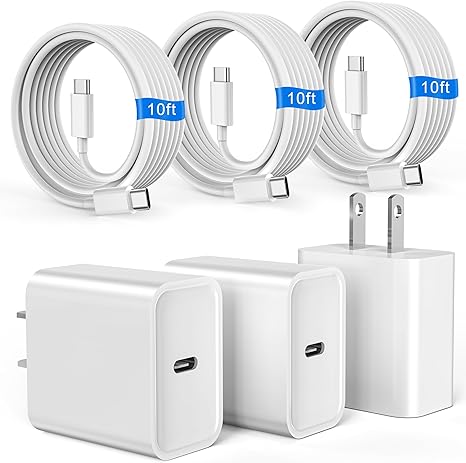 3 Pack 20W USB C Fast Charger with 10FT Cable for iPhone 17 16 15 14 PD Charging