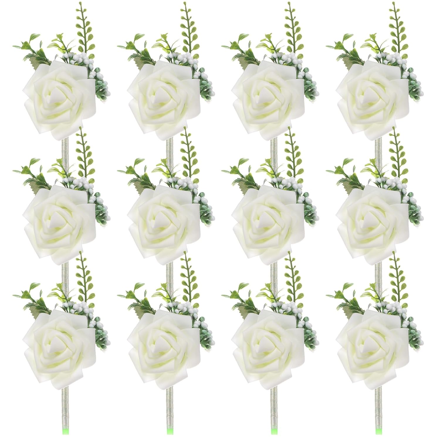 12-Pack Boutonnieres For Men, Artificial Rose Flower Men Boutonnieres With Pin For Wedding/Anniversary/Formal Party, Pocket Boutonnieres For Men [Cream White]