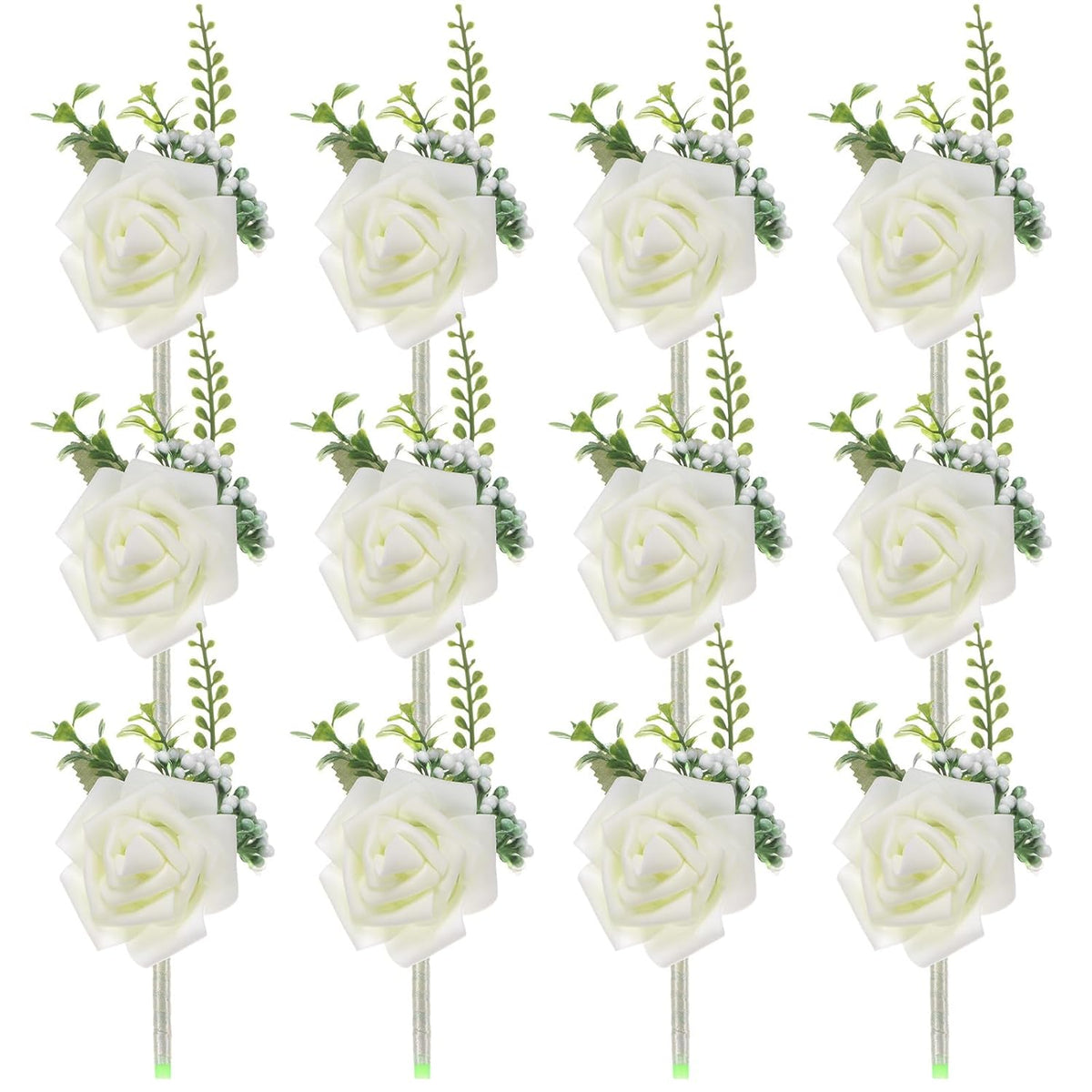 12-Pack Boutonnieres For Men, Artificial Rose Flower Men Boutonnieres With Pin For Wedding/Anniversary/Formal Party, Pocket Boutonnieres For Men [Cream White]