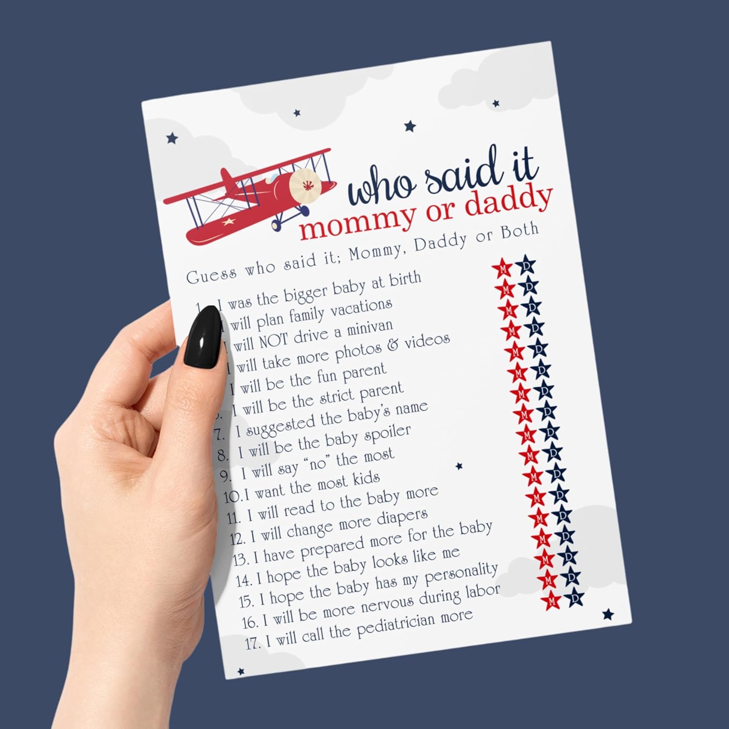 Airplane Baby Shower Games For Boys - 25 Guess Who Mommy Or Daddy Game Cards - Fun Gender Reveal Activities For Guests - Red And Blue Taking Flight Theme, 5X7