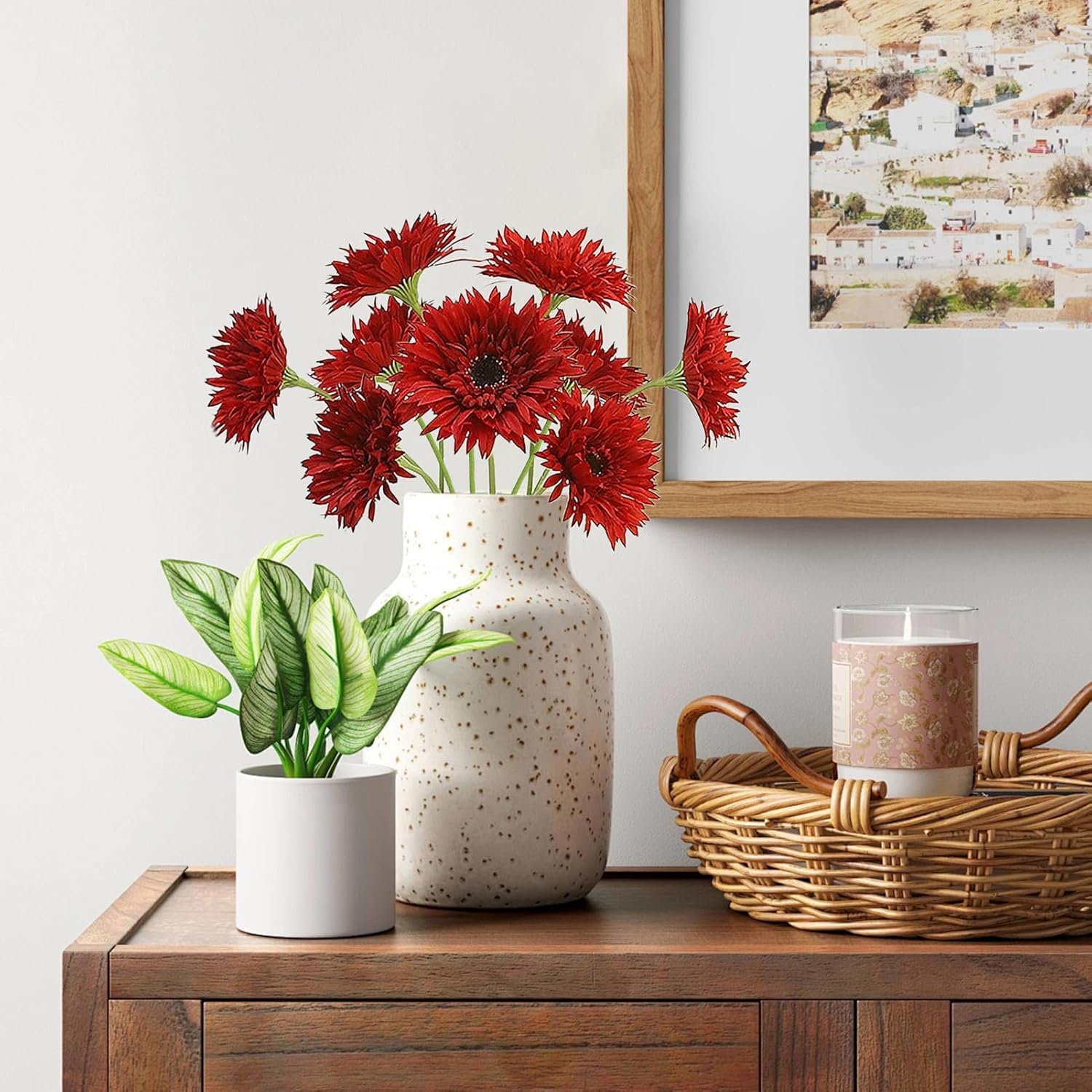 6Pcs Artificial Gerbera Daisy Flowers 17" Fake Daisies Faux Silk African Daisy For Vase Bouquets Home Office Wedding Decor.(Dark Red)