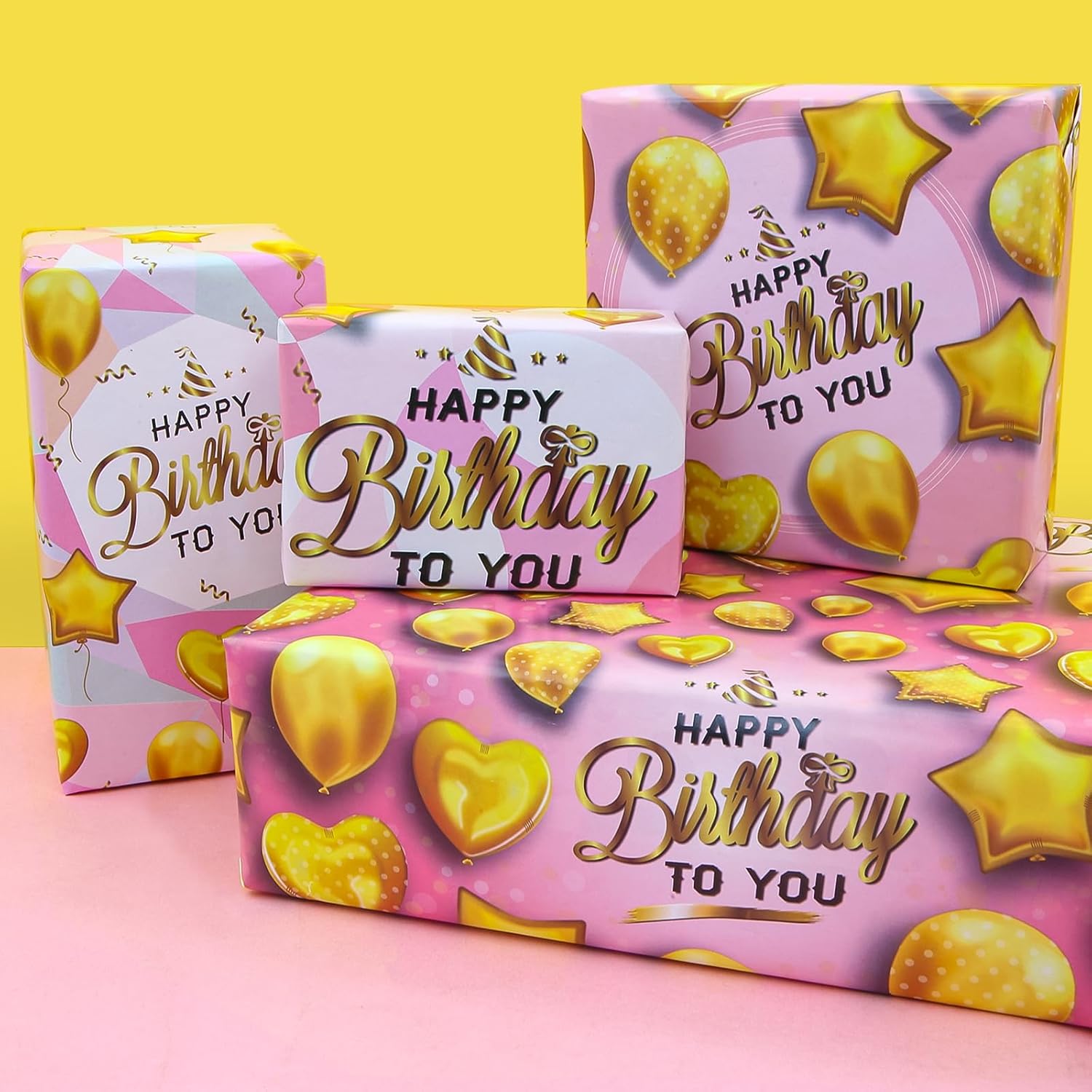Happy Birthday Wrapping Paper 4 Sheets Pink Gold Gift Wrapping Paper Golden Star Love Heart Balloon Gift Wrap Paper For Mom Dad Birthday Kids Girls Boys Men Women Gift Wrap Paper,28 * 20 Inch