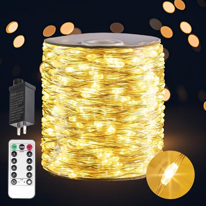 100FT Plug In Fairy Lights 300 LED Warm White Silver Wire String Lights with Remote 8 Modes Waterproof for Bedroom Garden Wedding Party Decor