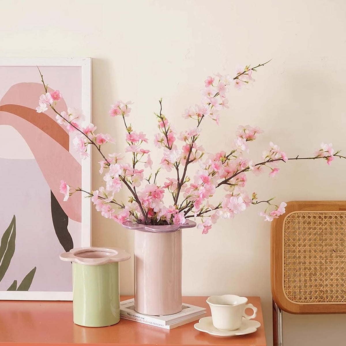 6Pcs Artificial Cherry Blossom Branches Faux Cherry Silk Flowers Vine Tall Stems Artificial Flower For Vase Wedding Home Decor (Dark Pink)