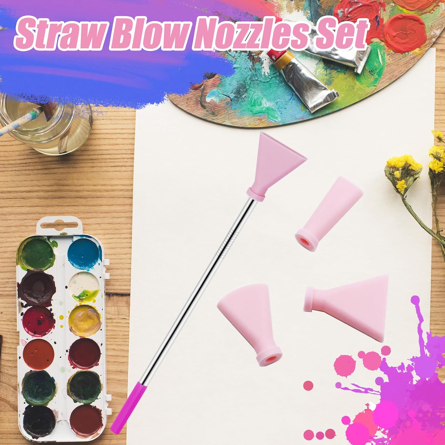 4Pcs Stainless Steel Straw Blow Nozzles Set For Acrylic Paint Pouring Supplies, Painting Nozzle Tool With 4 Size Nozzles, Pour Painting Supplies For Fluid Art Bloom And Dutch Pouring (Pink)