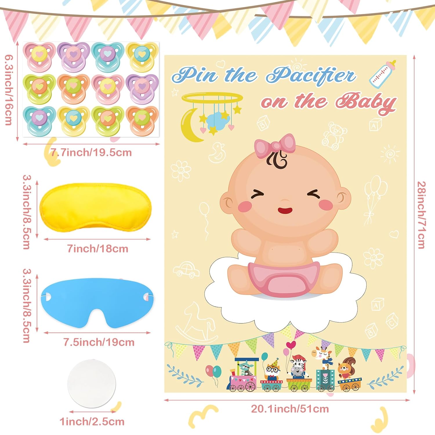 Baby Shower Game Pin The Pacifier On The Baby Game, Large Girl Baby Poster Games For Girl Kids Baby Shower Party Birthday Party Supplies - 72 Pacifier Stickers