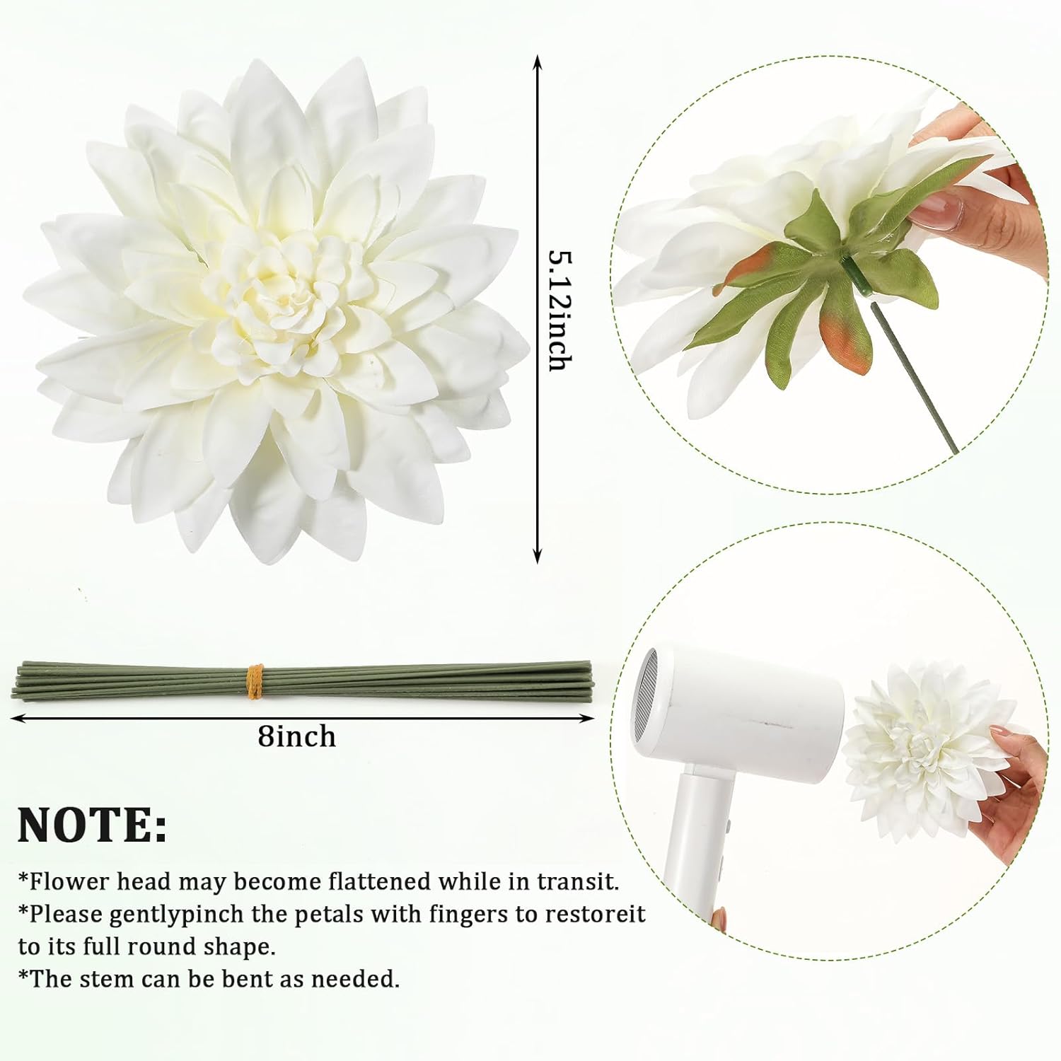 24 Pcs Large Artificial Dahlia Flowers 5.12'' Real Looking Silk Fake Dahlias With Stems Faux Flowers Wedding Bouquets Floral Arrangements For Diy Bridal Shower Home Table Decor(White)