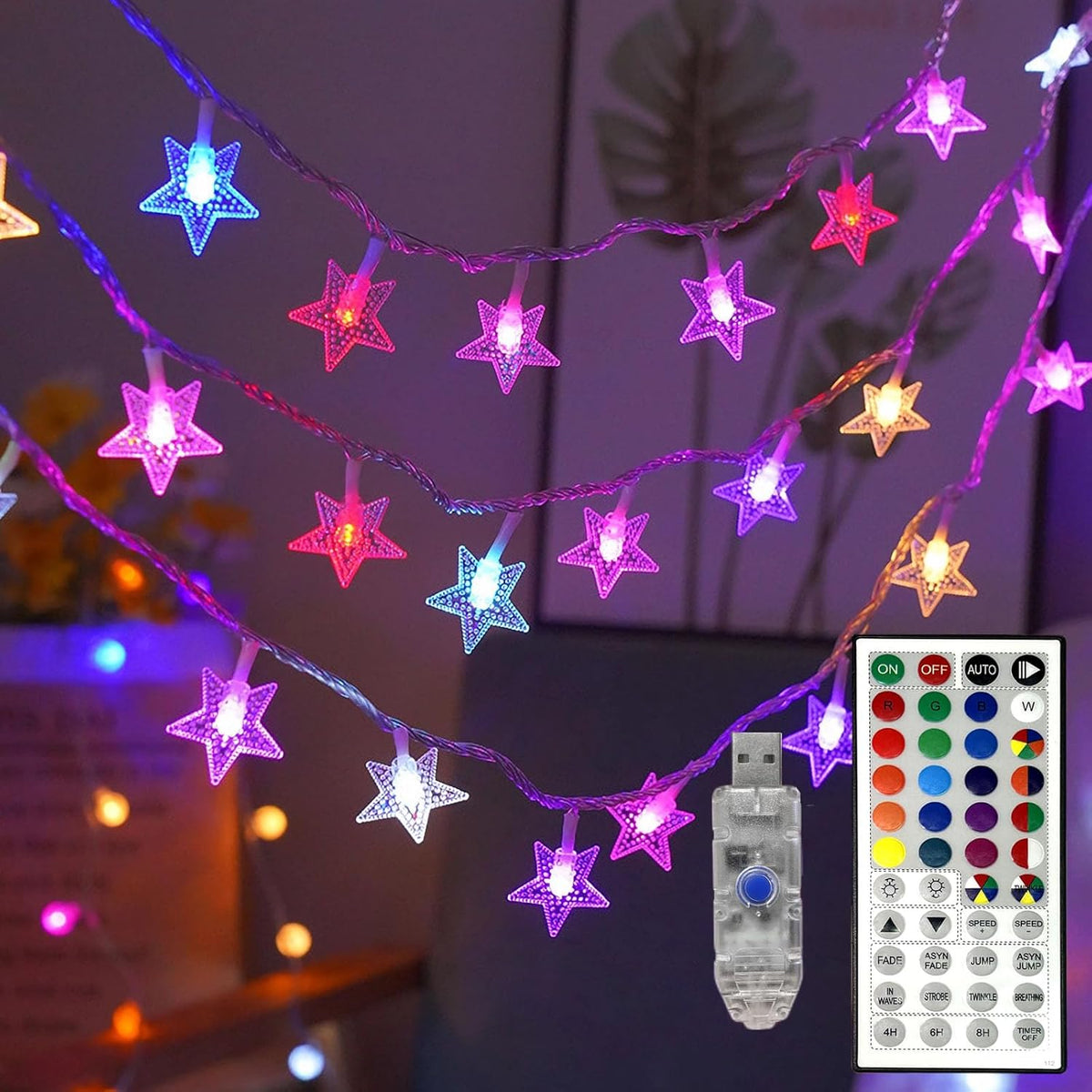 Color Changing Star String Lights Indoor, 19.7Ft 11 Mode Led Rainbow String Lights Usb Rgb Twinkle String Lights With Re