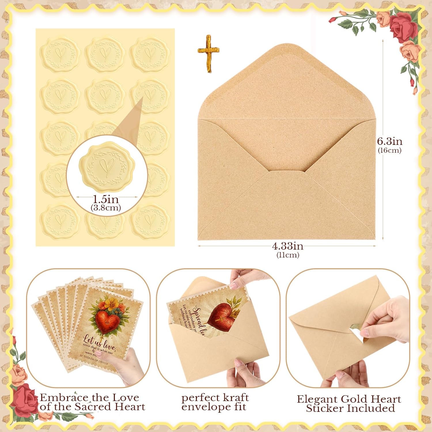 24 Sets Religious Vintage Valentines Cards Catholic Greeting Card With Brown Envelope Gold Sticker Heart And Cross Bulk Exchange Gifts For Godmother Goddaughter Church Couple Friends