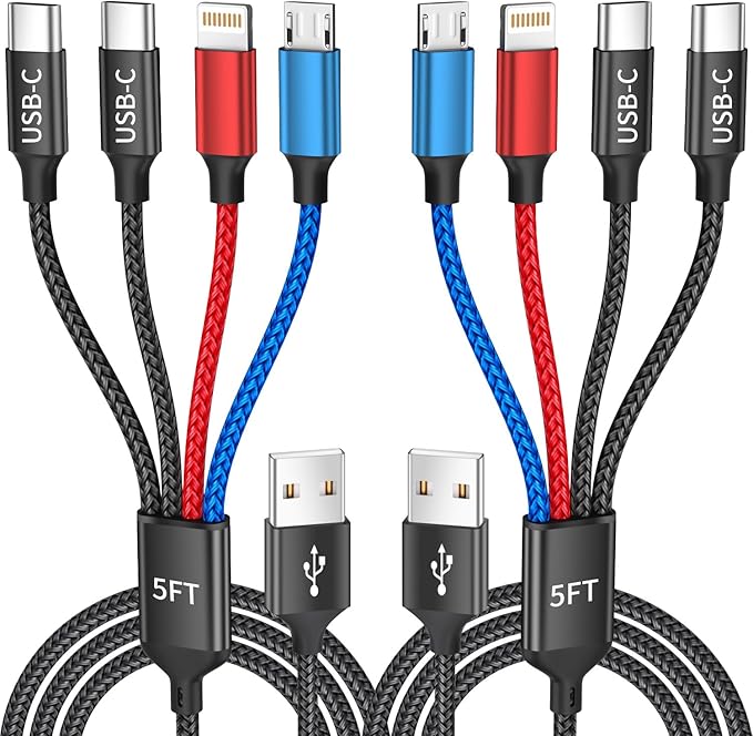 2 Pack 4 in 1 Dual USB C Multi Charging Cable 5FT Universal Charger Cord for iPhone 17 Android iPad