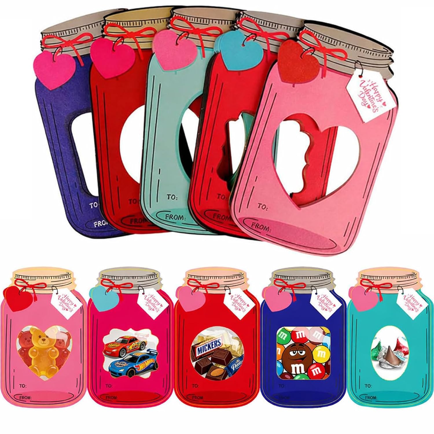 Valentine'S Day Cards For Kids, 50-Pack Classroom Exchange Mason Jar Valentine Cards Bulk, Candy Holder Gift Cards With Treat Bags, Funny Diy Valentines Gifts For Boys Girls School Friends Teacher