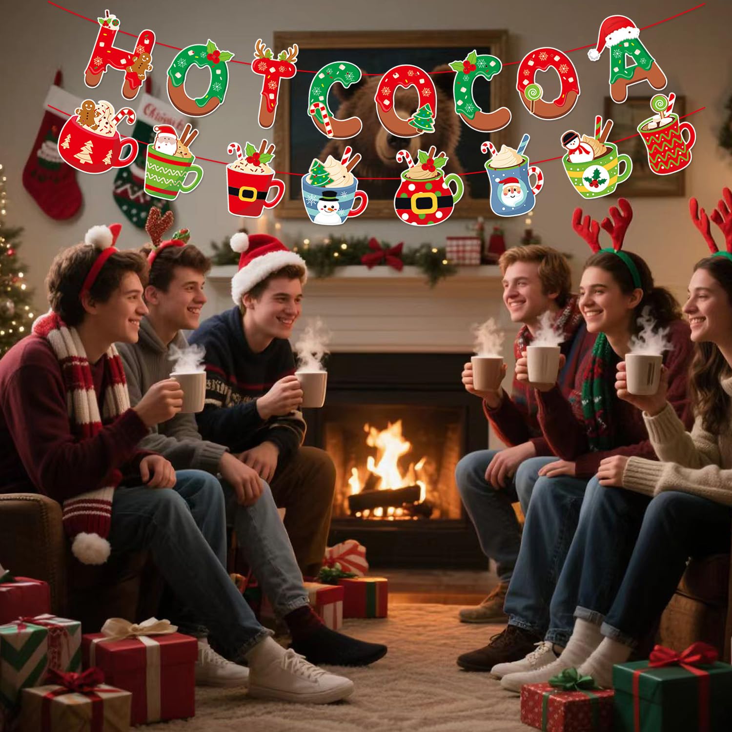 Pre-Assembled Christmas Hot Cocoa Banner,Hot Cocoa Cups Garland,Gingerbread Hot Chocolate Bar Supplies For Baby Shower Winter Holiday New Year Party Decor,Snowflake Holiday Party Winter Wedding Sign