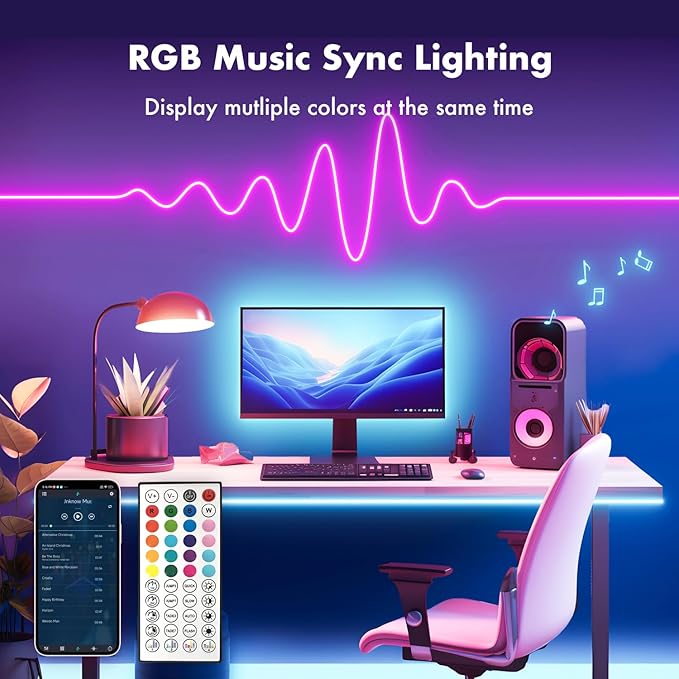 50FT RGB LED Neon Rope Lights App & Remote Control Music Sync IP67 Waterproof Strip Lights