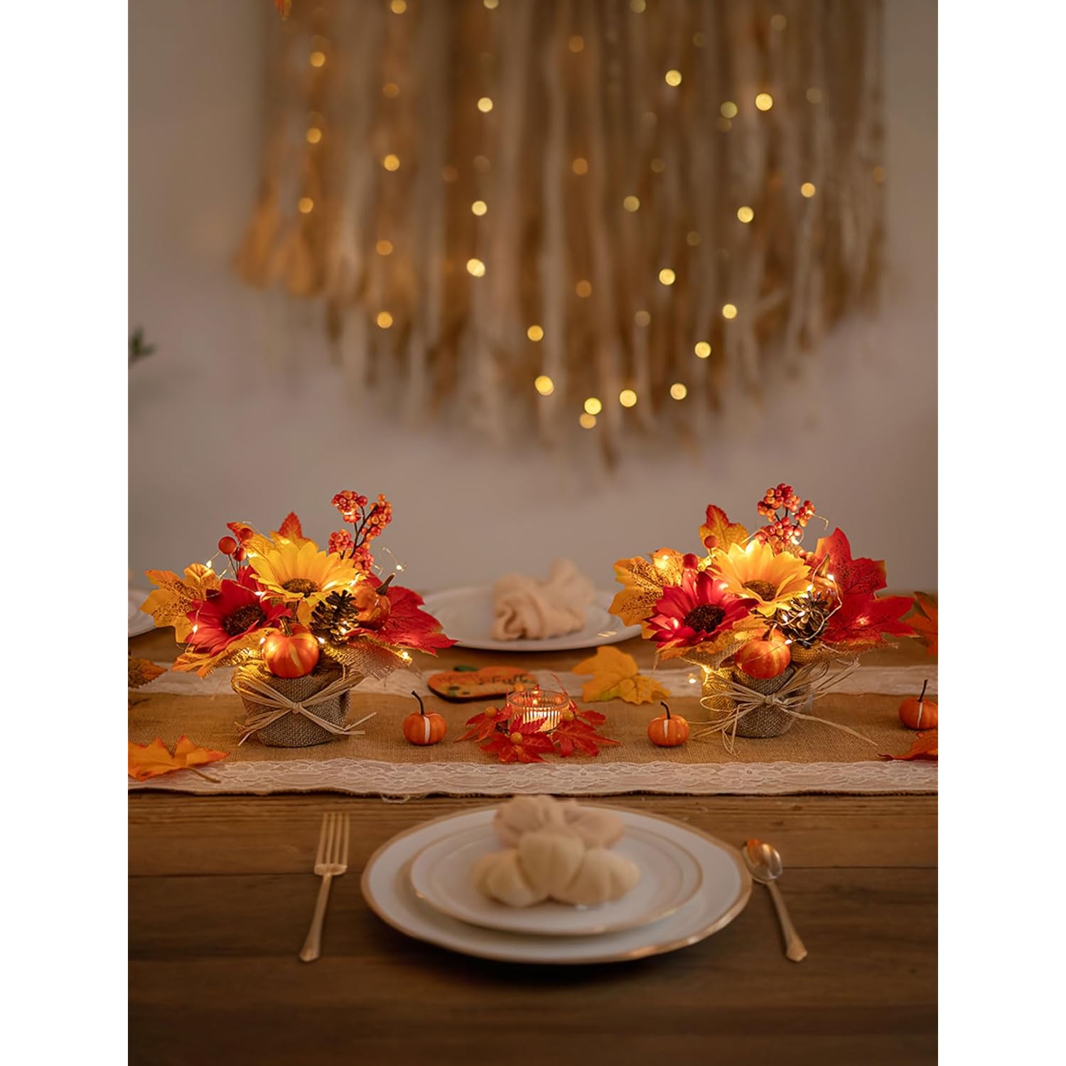 Thanksgiving Table Decor Centerpieces: 2 Pcs Fall Flowers Artificial For Decoration With Light Timer - Fake Autumn Sunflowers Silk Floral Arrangements For Home Tabletop
