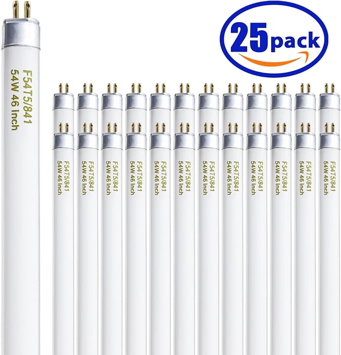 25 Pack F54T5 HO Fluorescent Tube Lights 54W 46 Inch 4100K Cool White G5 Base 4300LM
