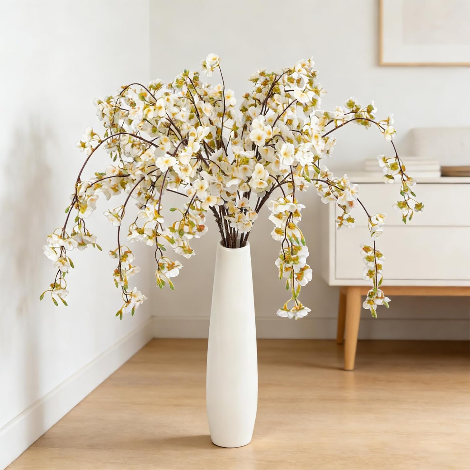 4Pcs 46Inch Hanging Artificial Cherry Blossom Flower Branches Silk Cherry Blossom Flowers Long Stem For Spring Wedding Home Party Table Centerpieces Indoor Outdoor Decor?White?