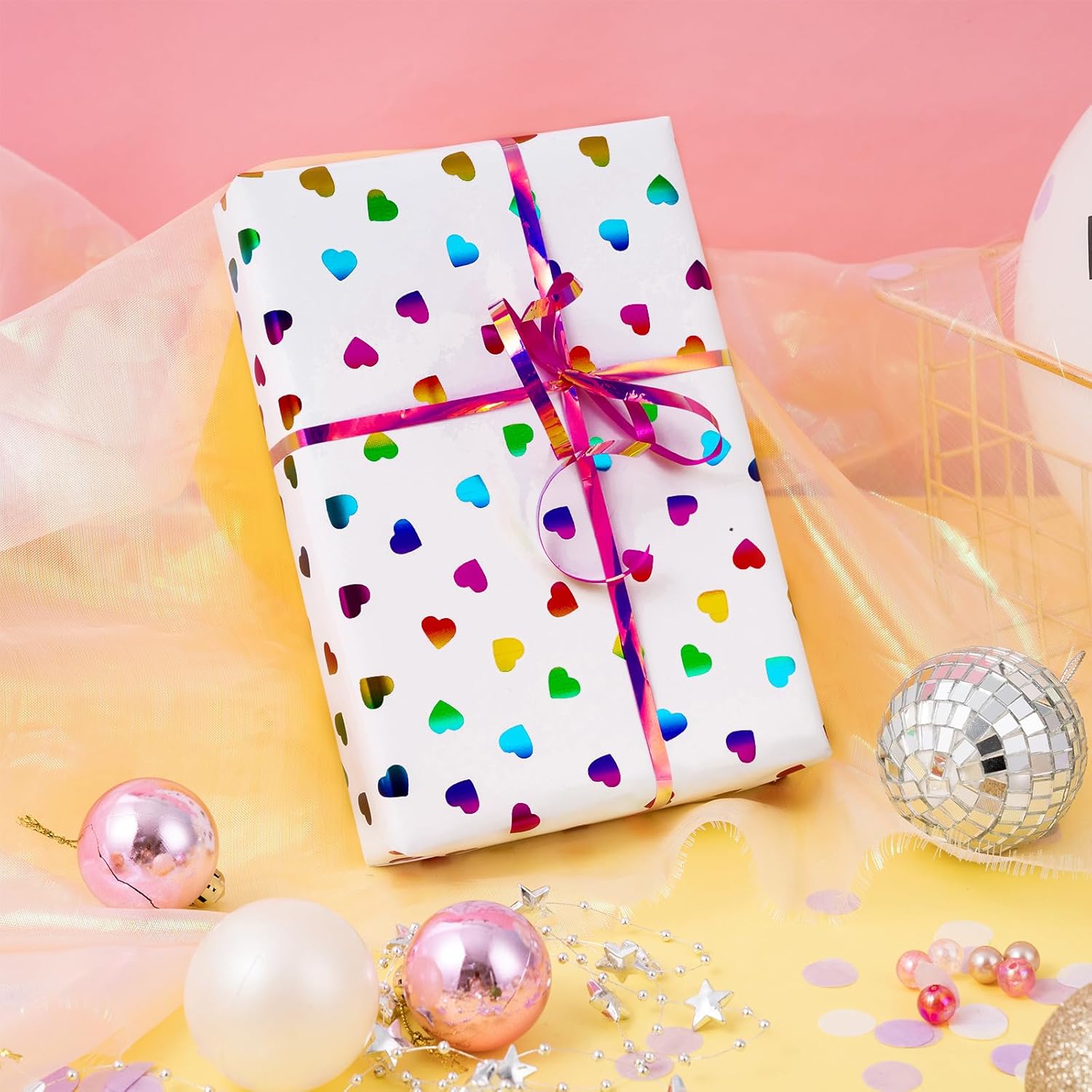 Valentines Wrapping Paper Roll, Hearts Printed Colorful Holographic Foil Design For Birthday, Anniversary, Baby Shower, Wedding Gift Wrapping, Mini Roll, 17In X 16.4Ft
