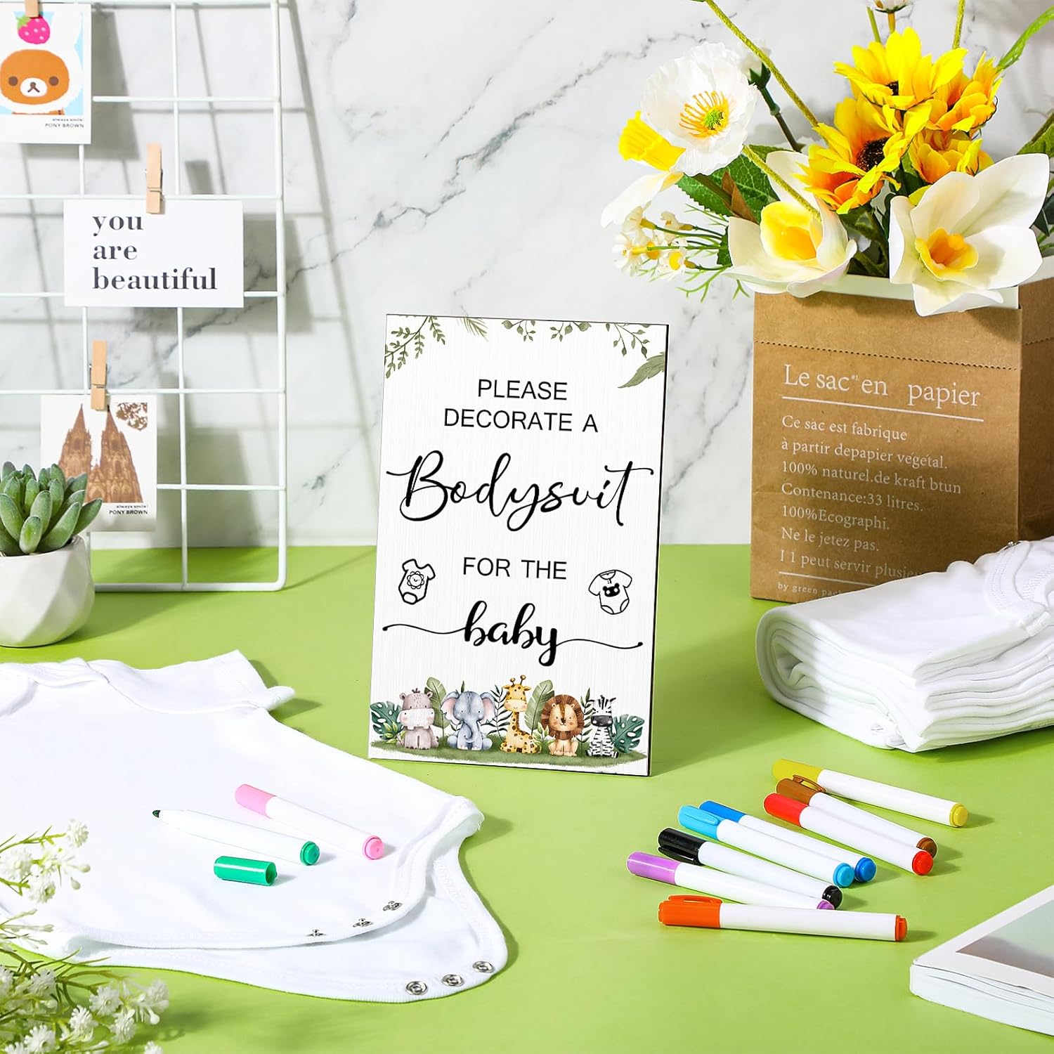 26 Pcs Baby Shower Games Diy Bodysuit Set 1 Wooden Sign 15 White Bodysuits 10 Fabric Markers For Birth Decorating Kit(Woodland Animal)