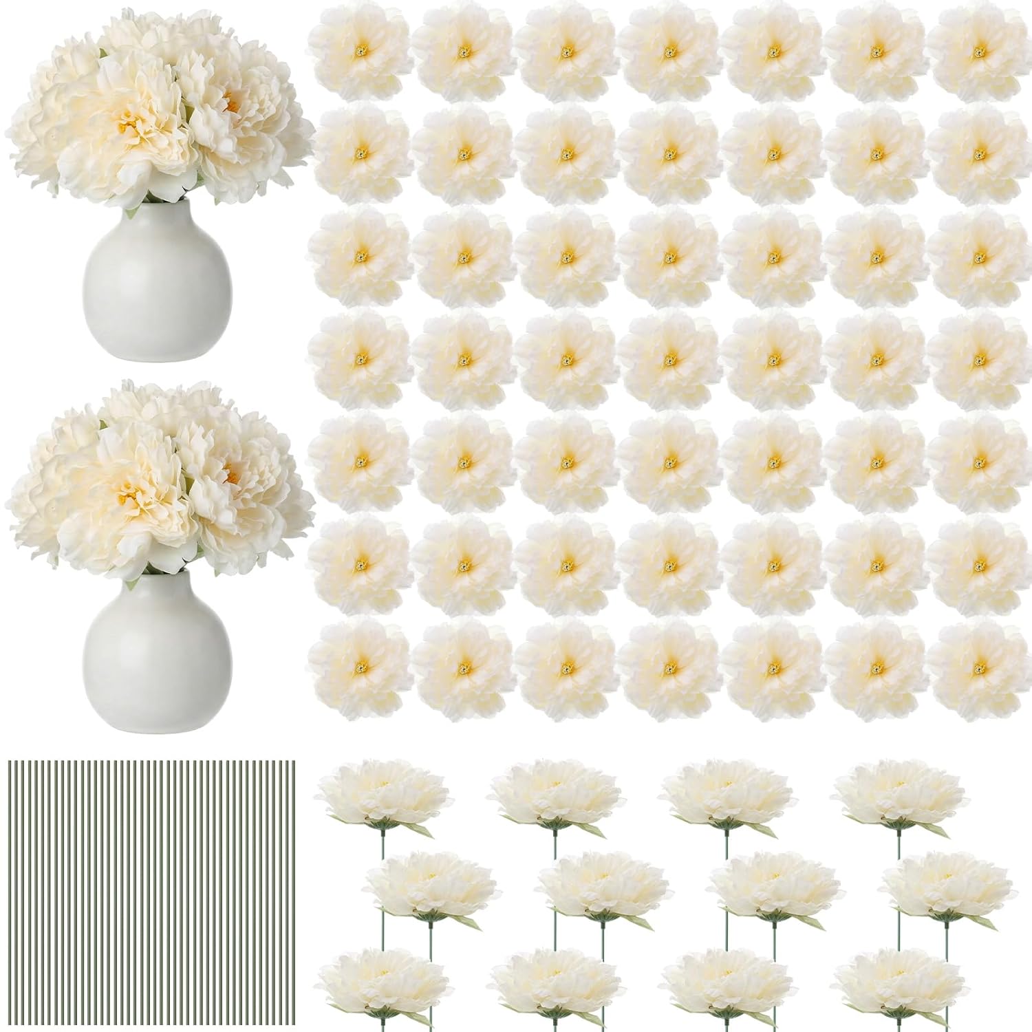 50 Pcs 5.5 Inches Peonies Artificial Flowers With Wire Branch Silk Realistic Blooming Fake Peonies Rose Bouquets For Wedding Table Centerpiece Diy Craft Party Home Decor(Beige)