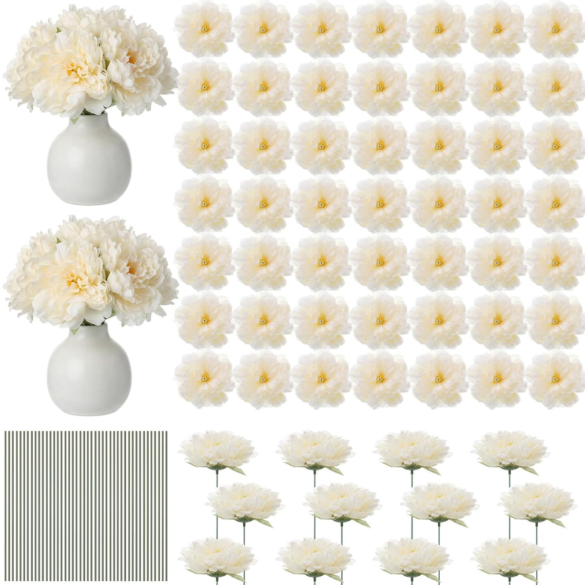 50 Pcs 5.5 Inches Peonies Artificial Flowers With Wire Branch Silk Realistic Blooming Fake Peonies Rose Bouquets For Wedding Table Centerpiece Diy Craft Party Home Decor(Beige)