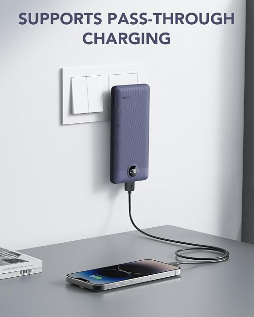 10000mAh USB C Power Bank with Built In Cables AC Wall Plug Portable Charger Navy