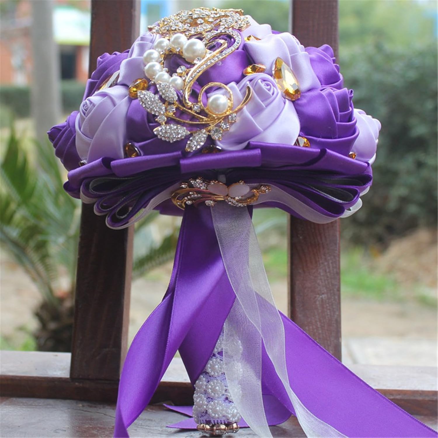 Handcraft Crystal Satin Rose Brooch Bridal Holding Wedding Bouquet Brooch Bouquet, Lace Decorated Bouquet, Wedding Flower Arrangements Bridesmaid Bouquet(Purple)