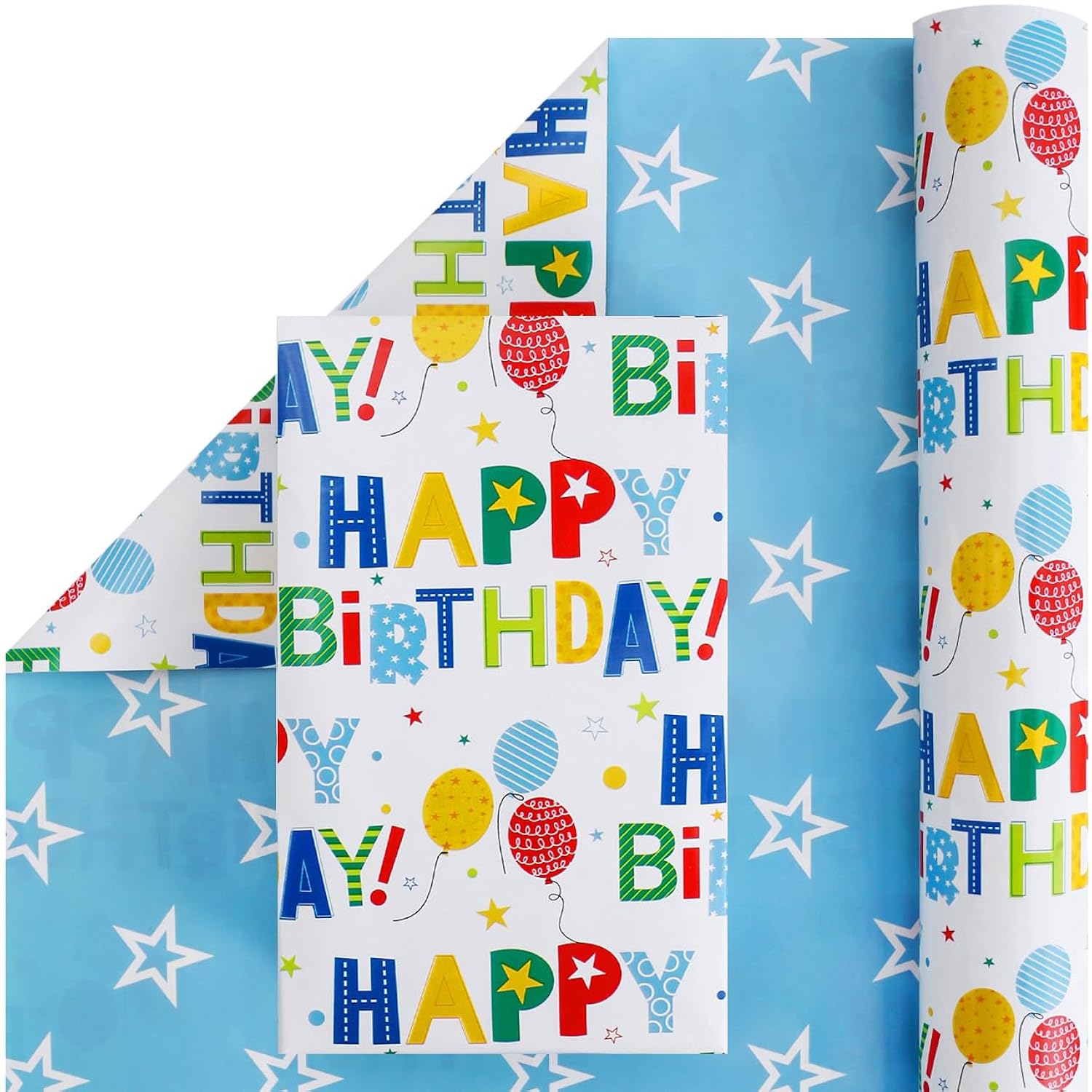 Reversible Birthday Wrapping Paper Roll For Boys Girls Kids Men Women - Colorful Happy Birthday Lettering Balloon And Stars - Gift Wrap For Party Celebration Holiday, 17.7 Inch X 33 Feet