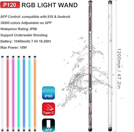 P120 RGB Handheld Photography Light App Control 1350LM LED Video Light Wand Waterproof