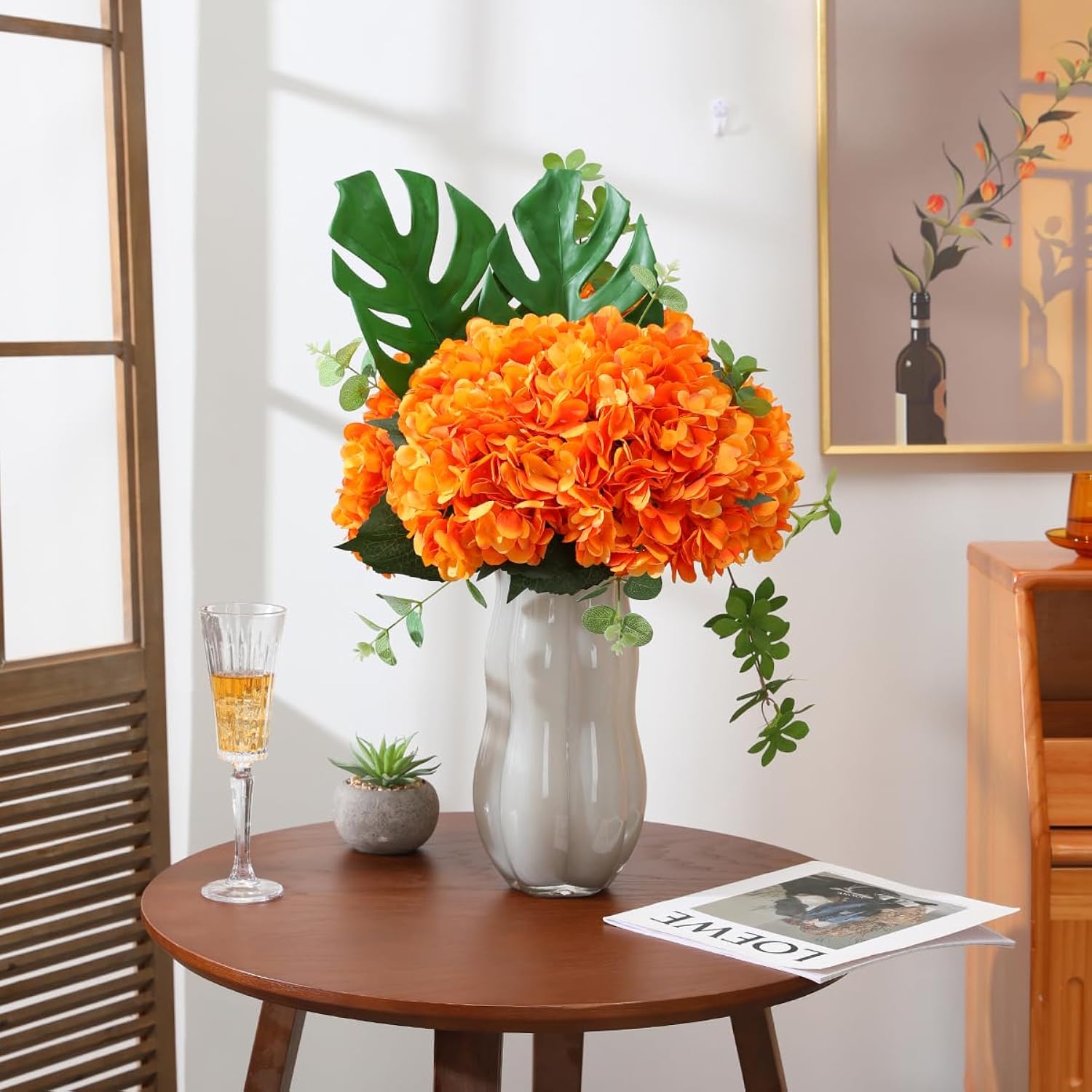 Orange Hydrangea Artificial Flowers - 5 Pcs Realistic Single 18.7 In Long Stem Fake Silk Hydrangea Bouquets For Party Wedding Centerpieces Home Office Decor