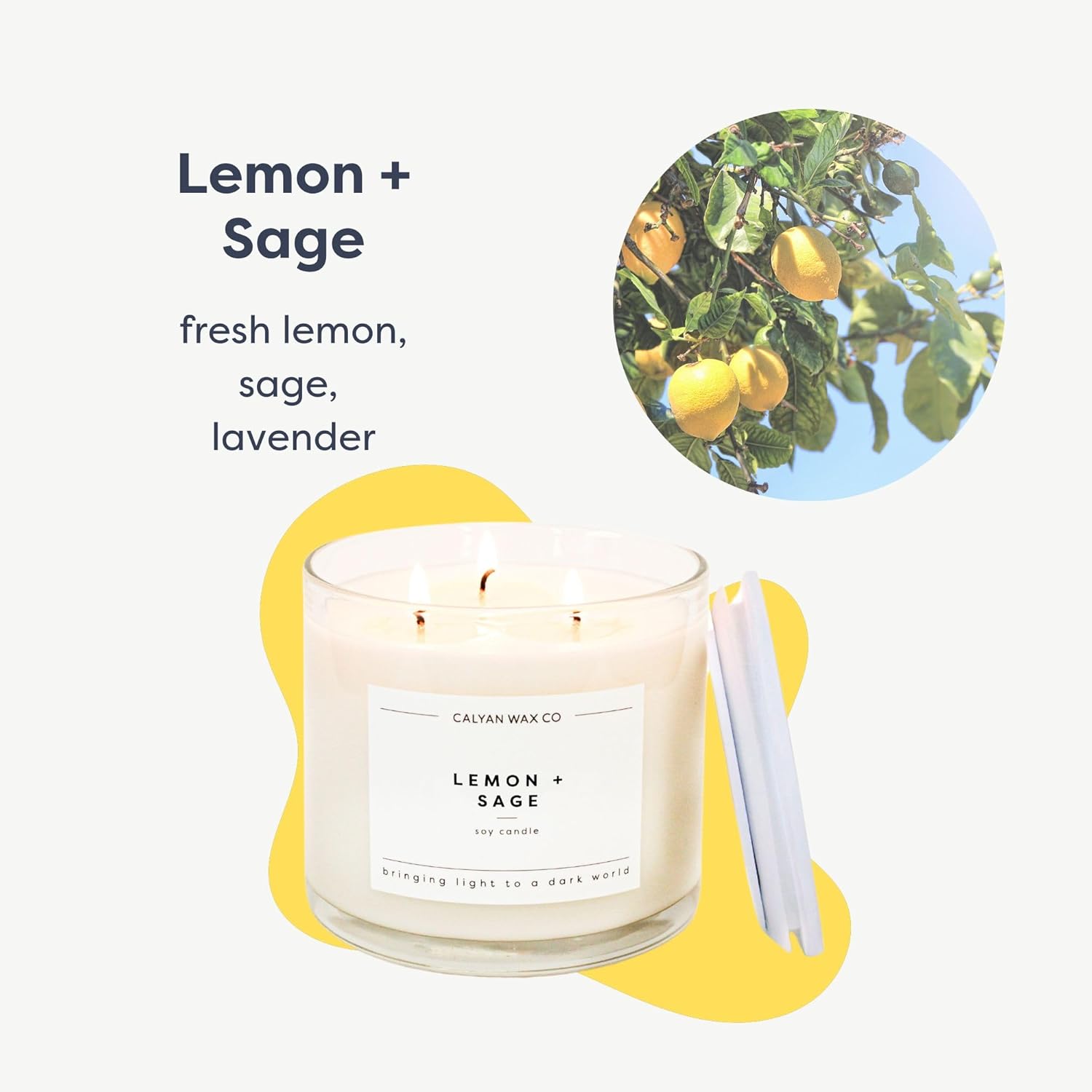 Lemon & Sage 3 Wick Scented Candle - 43 Hour Burn - Luxury 3 Wick Soy Candles - Non Toxic Soy Wax Candles - Long Lasting Large Glass Jar Candle For Home - 14.9Oz