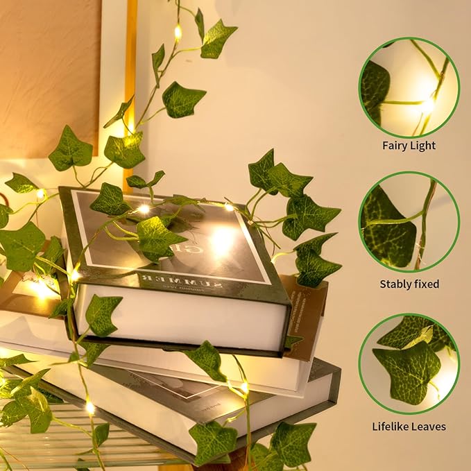 33FT Artificial Ivy Vine with 100 LED Fairy Lights Fake Plant Garland for Bedroom Wall Decor Living Room Office Wedding Party Farmhouse Dorm Aesthetic Home Decoration