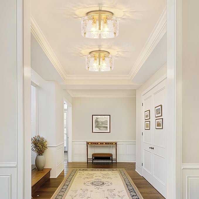 15 Inch Gold Semi Flush Ceiling Light 3 Light Glass Drum Modern Fixture