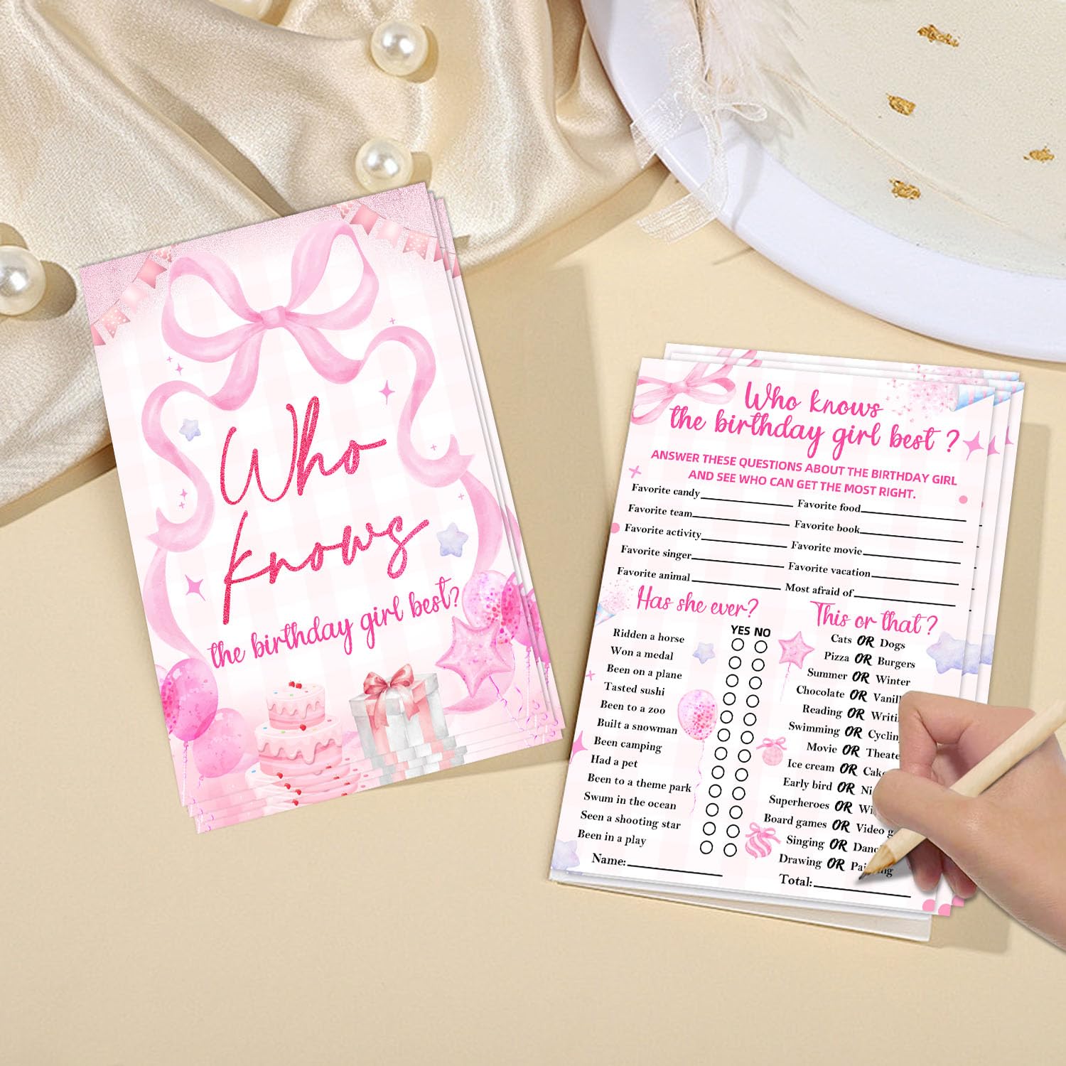 30 Pcs Pink Who Knows The Birthday Best Game Cards, Birthday Party Game, Bow Themed Questionnaire Card, For Sleepover Slumber Birthday Party Supplies, 5 * 7 Inch