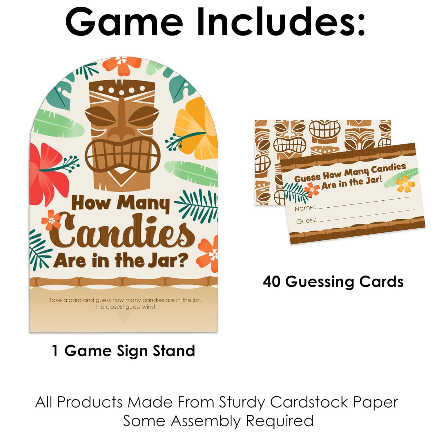 Big Dot of Happiness Tropical Luau - How Many Candies Hawaiian Beach Party Game - 1 Stand and 40 Cards - Candy Guessing Game